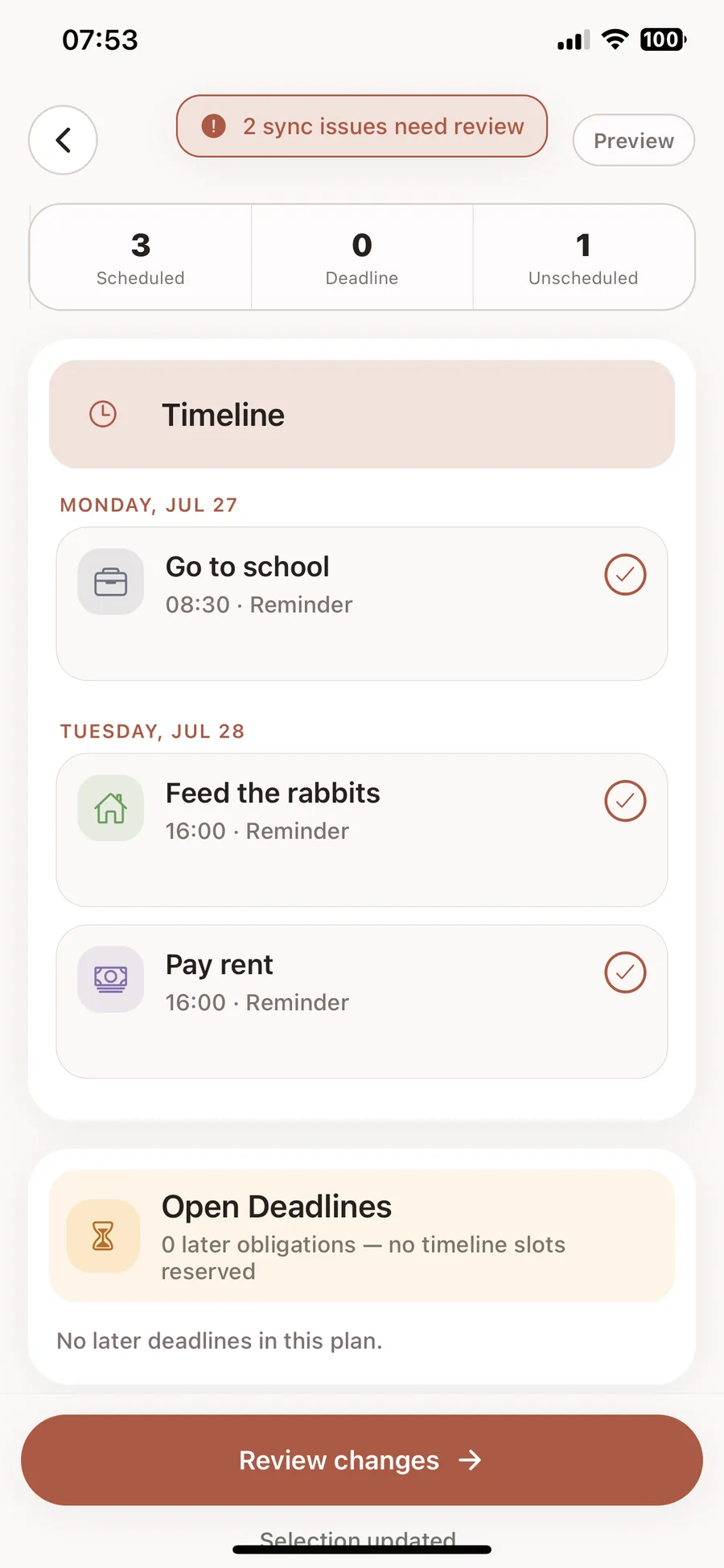 LifeFlow plan review screen